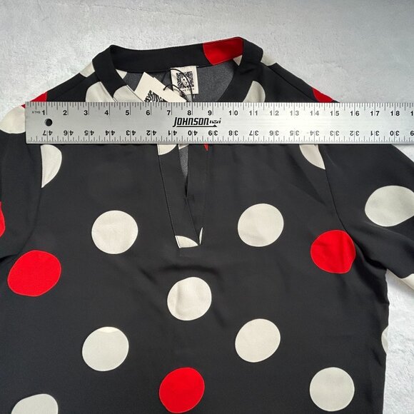 Anne Klein Womens Dot-Print Split-Neck Blouse Top Medium Black/Poppy Combo New - Picture 5 of 8